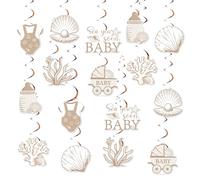 JOYMEMO Sea You Soon - Remolinos colgantes para baby shower, 24 piezas de decoraciones de techo náuticas con temática oceánica con recortes de conchas marinas y estrellas de mar, decoración de fiesta