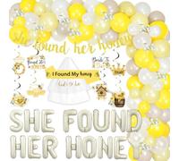 JOYMEMO She Found Her Honey - Decoraciones de fiesta, kit de arco de guirnalda de globos amarillos con pancartas colgantes con remolinos colgantes I Found My Honey Sash Bride To Bee, velo blanco