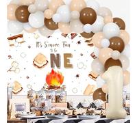 JOYMEMO S'more Decoraciones de primer cumpleaños para niños y niñas, kit de arco de guirnalda de globos Smore con fondo de cumpleaños "It's S'more Fun to Be One", globo número 1 para hoguera,