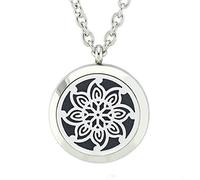 JOYMIAO Flower Pattern Perfume Oil Diffuser Locket Pendant Surgical Stainless Steel Necklace for Women with 8 Color Pads and Chain