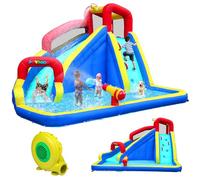 JOYMOR Parque inflable de tobogán acuático con piscina, pared de escalada, cañón de agua, toboganes de agua inflables para patio trasero, diversión al aire libre, juegos acuáticos de verano para