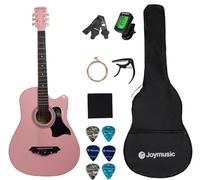Joymusic Kit de guitarra acústica para principiantes rosa de 38 pulgadas, paquete con una correa con soporte para púas, afinador digital, cuerdas de juego, cejilla, paño de limpieza, 6 púas, bolsa de