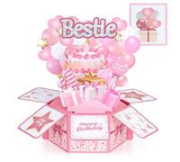 Joyoldelf Tarjeta de cumpleaños para ella, tarjeta de cumpleaños 3D desplegable para mejor amiga, diseño de pastel rosa y globo, incluye sobre, regalos de amistad para mejor amiga, amiga