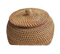 JoyousMall Cesta de almacenamiento de ratán hecha a mano con tapa, caja organizadora de mimbre natural para aperitivos, frutas, joyas, contenedor decorativo portátil, 16 x 12 cm