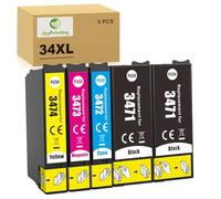 JoyPrinting 34XL - Cartuchos de tinta compatibles con Epson 34 34 XL Multipack para Workforce Pro WF-3720DWF 3725DWF WF-3720 WF-3725, negro, cian, amarillo y magenta, 5 unidades