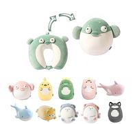 JOYRAVO Almohada de Viaje 2-en-1 para Niños - Peluche de Dinosaurio Convertible en Almohada Cervical en Forma de U para un Confort Óptimo Durante los Viajes (avión, Auto, Tren, autobús) - Pez Verde