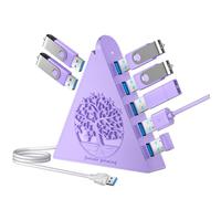 JoyReken Hub USB 3.0 de 7 puertos, divisor USB vertical morado claro con luces RGB inspiradas en árboles, transferencia de alta velocidad de 5 Gbps, cable de 2 pies, compatible con MacBook, PC, unidad