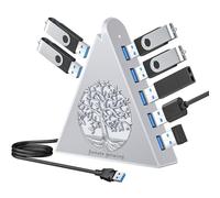 JoyReken Hub USB 3.0 de 7 puertos, expansor USB vertical plateado con iluminación RGB temática de árbol, velocidad de transferencia de 5 Gbps, cable de extensión de 2 pies, para MacBook, laptop