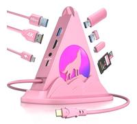 JoyReken Hub USB C, adaptador multipuerto tipo C 8 en 1 rosa con HDMI 4K a 30Hz, 100W PD, 5Gbps 1xUSB-C, 3xUSB-A 3.0, ranuras SD/TF e iluminación RGB, hub USB rosa para MacBook Air/Pro, iPad, iMac