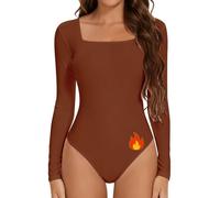Joyshaper Body Cuello Cuadrado Mujer Manga Larga Bodysuit Top Térmico Elegante Blusas Slim Fit Mono, Cuello Cuadrado Marrón, S