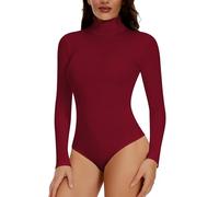 Joyshaper Mujer Body Manga Larga Cuello Alto Blusa Top Color Sólido Bodysuit Top Tanga Mono Casual Camiseta Interior, Cuello Alto-Rojo Vino, M
