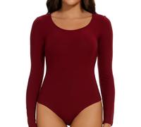 Joyshaper Mujer Body Manga Larga Cuello Redondo Blusa Top Color Sólido Bodysuit Top Tanga Mono Casual Camiseta Interior, Rojo Vino, S