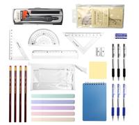 JOYSKY GCSE - Juego de 26 piezas de papelería para el regreso a clases, incluye transportador y brújula con bolígrafos, borrador, sacapuntas, regla, notas Post-it, bloc de notas en un estuche lleno