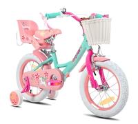 JOYSTAR Bicicleta infantil de unicornio de 16 pulgadas para niñas de 5 a 7 años, con asiento de bicicleta para muñecas y ruedas estabilizadoras, color verde, BIKE049gr-16