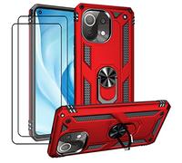 JOYTAG compatibles para Funda Xiaomi Mi 11 Lite/Mi 11 Lite 5G,Carcasa +Cristal Templado [2 Piezas] Silicona Silicona TPU 360 Grados Anillo Giratorio magnético Soporte Caja del teléfono del Coche-Rojo