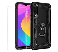 Joytag compatibles para Funda Xiaomi Mi A3，Carcasa +Cristal Templado Silicona TPU 360 Grados Anillo Giratorio magnético Soporte Caja del teléfono del Coche-Negro