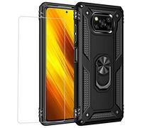 Joytag compatibles para Funda Xiaomi Poco X3 NFC，Carcasa +Cristal Templado Silicona TPU 360 Grados Anillo Giratorio magnético Soporte Caja del teléfono del Coche-Negro