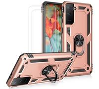JOYTAG Funda para Samsung S21 5G,Carcasa +Cristal Templado [2 Piezas] Silicona TPU 360 Grados Anillo Giratorio magnético Soporte Caja del teléfono del Coche-Oro Rosa