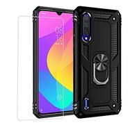 JOYTAG Funda para Xiaomi Mi 9 Lite，Carcasa +Cristal Templado Silicona TPU 360 Grados Anillo Giratorio magnético Soporte Caja del teléfono del Coche-Negro
