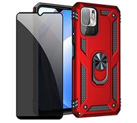 JOYTAG Funda para Xiaomi Redmi Note 10 5G/Poco M3 Pro 5G Carcasa Rojo con Protector de Pantalla de Privacidad, Anti Espía Cristal Templado