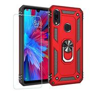 Joytag Funda para Xiaomi Redmi Note 7 teléfono móvil+ Protector de Pantalla de Vidrio Templado Silicona TPU 360 Grados Anillo Giratorio de Soporte magnético teléfono Coche Caso Rojo