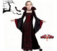 JOYTIX®Disfraz Niños Reina Vampira 2025: Vestido Victoriano con Gargantilla & Cordón | Traje de Terror Gótico Halloween Talla M/L/XL (120-150cm) ((Modelo B) L (estatura recomendada 130-140cm))