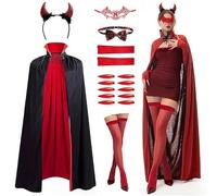 JOYTIX®Disfraz Vampiro Halloween 7 Piezas: Capa Reversible Roja/Negra Sexy con Cuernos Diablo & Máscara Murciélago para Adultos, Adolescentes, Niños, Talla M/L/XL (Niños 140-200cm),