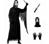 JOYTIX® Máscara del Grito EV con Caperuza - Disfraz de Terror: Daga de Plástico, Túnica & Guantes Juvenil Tallas M-XL (120-160cm)