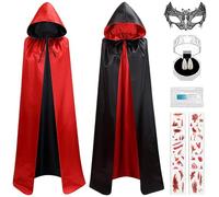 JOYTIX®Set Capa Vampiro, Reversible Rojo-Negro, con Colmillos Vampiro, Tatuajes, Máscara Ojos Murciélago - Disfraz Medieval ((Capucha) M (estatura recomendada 130-160cm))