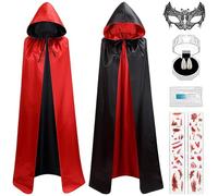 JOYTIX®Set Capa Vampiro, Reversible Rojo-Negro, con Colmillos Vampiro, Tatuajes, Máscara Ojos Murciélago - Disfraz Medieval ((Capucha) L (estatura recomendada 160-190cm))