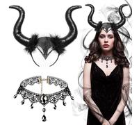 JOYUE Diadema de Cuerno Negro Halloween Cuernos de Demonio, Maléfica Cuernos Disfraz de Cuernos de Reina Tocado Cosplay Mujer Devil Horns con Collar de Encaje Gótico para Carnaval Mascarada