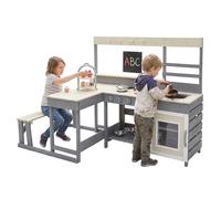 Joyz Juego de Cocina para Niños +3 Años, Madera Maciza de Abeto, con Mesa, Banco, Pizarra y Accesorios Completos, Cocinita de Barro Infantil Juego de Chef de Exterior Resistente a la Intemperie