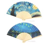 Joyzan Abanico Plegable Mano Bambú, Ventiladore Bambú Ventilador Borla Papel Decoracione Boda Fiesta Portátil Estilo Encantador Elegante Vintage Retro Baile Noche Estrellada Tela Trabajo Hecho Regalo