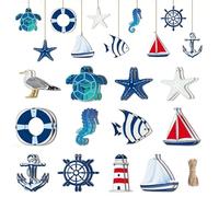 JOZMMZEOOA 24 Piezas Kit de Decoración Náutica,Juego de Decoración Marítima Colgantes Marinos de Madera Decorazioni Tema Mare Contiene Faro Ancla Barco etc,para Decoración de Pared del Hogar Bar