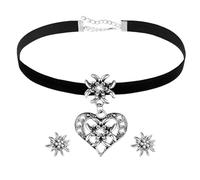 JOZMMZEOOA 3 piezas Schmucksets für DamenStrass Edelweiss Herz Anhänger und Ohrstecker Damen Schmuck Oktoberfest Dirndl Accessoires Ohrringe Damen Accessoires,für Oktoberfest Konzert (Negro)