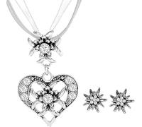 JOZMMZEOOA 3 piezas Schmucksets für DamenStrass Edelweiss Herz Anhänger und Ohrstecker Damen Schmuck Oktoberfest Dirndl Accessoires Ohrringe Damen Accessoires,für Oktoberfest Konzert, M, Zinc