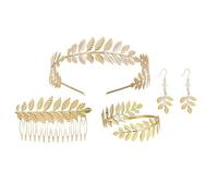 JOZMMZEOOA Disfraz Diosa Griega Mujer Accesorios 4 Piezas,Metal Disfraz Griega Niña Accesorios Oro Diosa Griega Diadema Mujer Peine Pendientes de Perla de Laurel,para Fiesta Boda Decorar