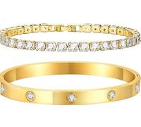 JOZMMZEOOA Joyas de Mujer 2 Piezas Pulsera Dorada Mujer 10 Diamantes, Circón Pulsera 4 Mm de Ancho, Dorada Viene con Una Hermosa Caja de Regalo (Oro)