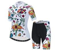 JPOJPO - Conjunto de maillot de ciclismo de manga corta con pantalones cortos acolchados en gel para mujer MTB Ropa deportiva para ciclismo, blanco, L