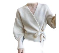 JPSSJGYH Suéter Cruzado Corto para Mujer, suéter con Cuello en V, suéteres de Punto de Manga Larga (One Size,Beige)