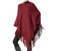 JPSSJGYH Suéter Tipo Poncho Cruzado Grande para Mujer, suéter con Cuello en V, Elegante Poncho Tipo Chal de Punto con Flecos (One Size,Red)