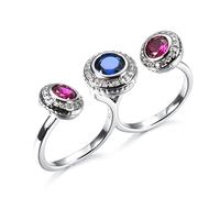 JPXXFM Boho tibetan plata dos dedo anillos para mujeres mosaico azul de circón anillo de bodas band de moda joyería