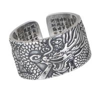 JPXXFM Vintage 999 Banda de anillo de dragón chino de plata esterlina Sutra de corazón inscrito para hombres Mujeres abiertas ajustables