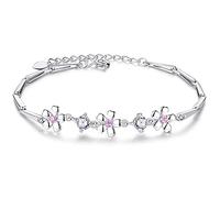 JQQJZLC Brazalete de plataforma de plata esterlina ajustable, brazaletes de cadena, pulsera de plata esterlina de damas pulsera de flor de mano elegante de mano con brazalete de cristal rosa
