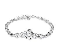 JQQJZLC Pulsera de brazalete de plata esterlina ajustable, pulseras de cadena, pulsera de plata esterlina de mujeres, pulsera de flores de rosa exquisita, pulsera de plataforma de plata esterlina