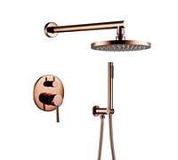 JQQJZLC Sistema de ducha de latón dorado rosa, juego de grifo mezclador de lluvia de lujo, montado en la pared, multifunción, juego combinado de ducha de doble mango con cabezal de ducha redondo de