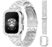 JR.DM Correas de diamantes con funda brillante para mujer compatibles con Apple Watch de 42 mm, elegante y lujosa joyería de diamantes de imitación de metal para iWatch Series SE/9/8/7/6/5/4/3/2/1,