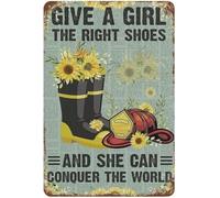 JRBJWYVV Funny Firefighter Boot Sunflower Metal Tin Sign Give a Girl the Right Shoes Wall-Art for Home Bar Coffee Shop Indoor Outdoor 8 X 12 in