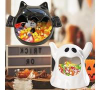 Jremreo Paquete de 2 cuencos de dulces de Halloween, fantasma de cerámica de 4 pulgadas y soportes de murciélago de 6.3 pulgadas, portavelas para bandeja escalonada, centros de mesa de adorno, regalos