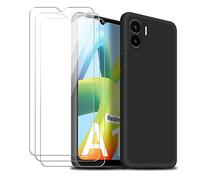 jrester Funda para Xiaomi Redmi A1 / A2 con Tres Cristal Templado Protector de Pantalla, Negro Suave Silicona Protectora Carcasa para Xiaomi Redmi A1 / A2 6.52"